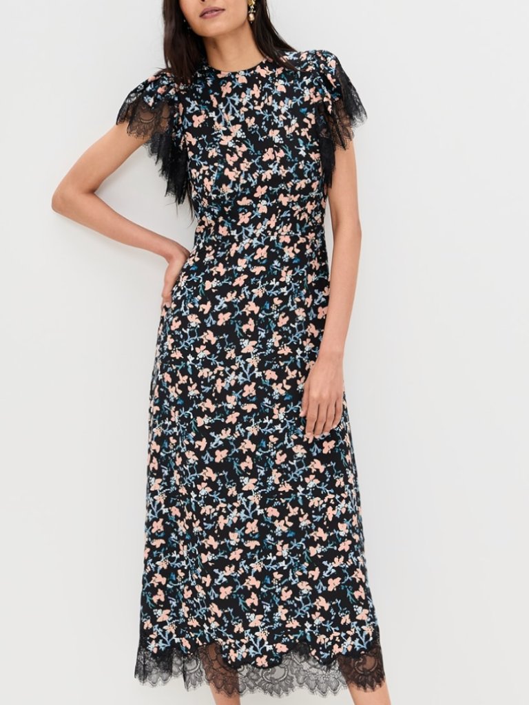 Ulla Johnson Renee Midi Dress Sz6 Nocturne Black Blush Floral Lace Cape Sleeve